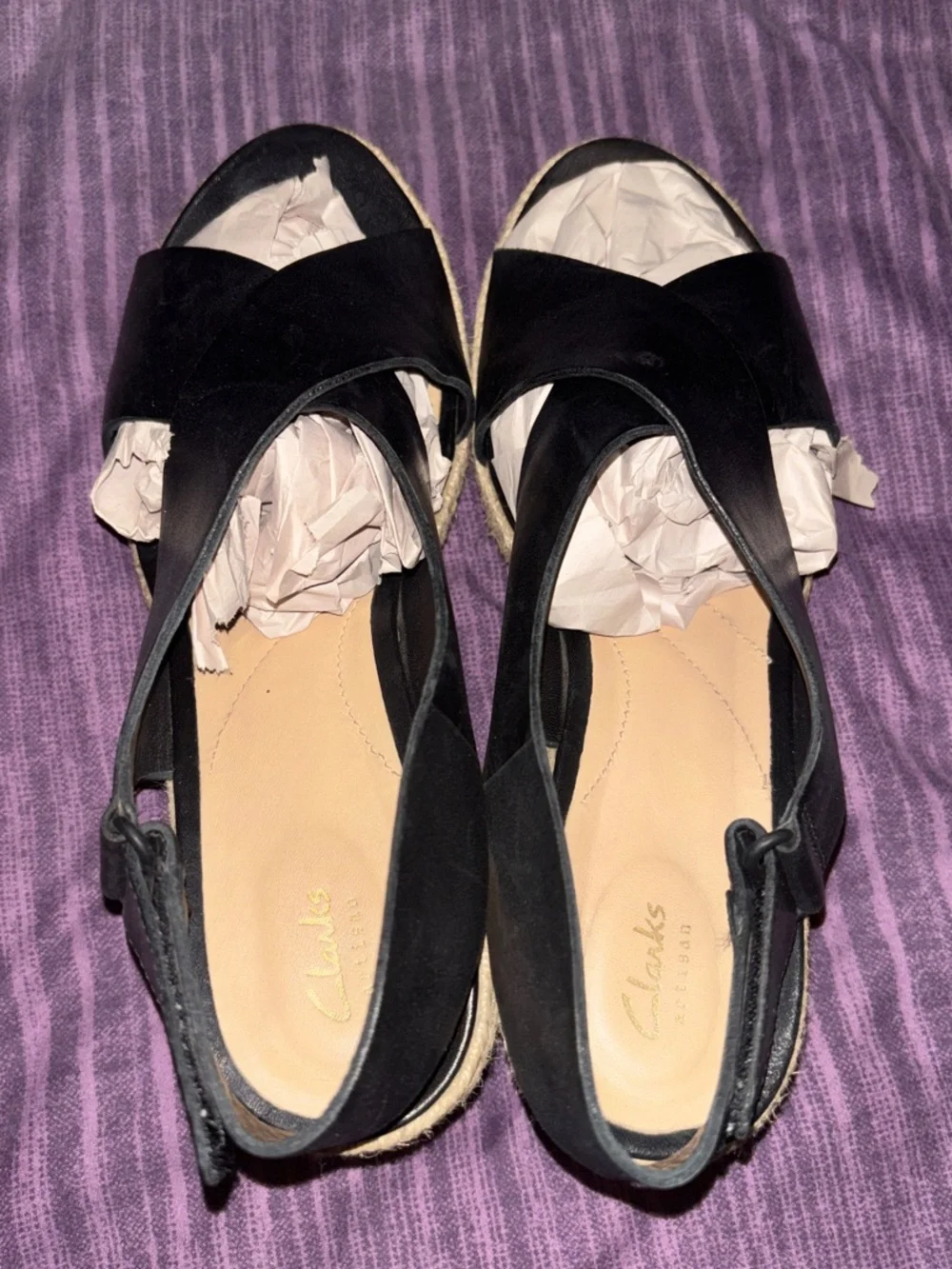 Clarks Black Suede Espadrille Wedge Sandals
